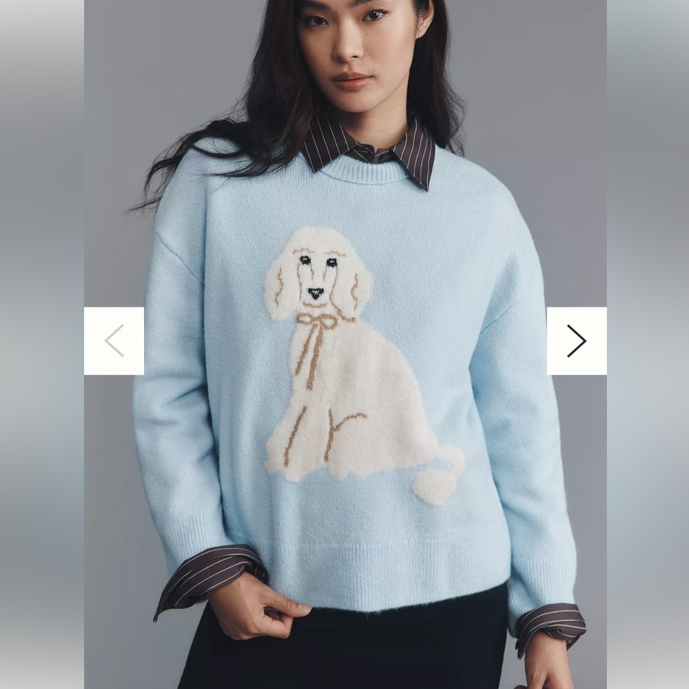 Anthropologie Maeve Crew-Neck Dog Icon Pullover Sweater Medium Light Blue Poodle
